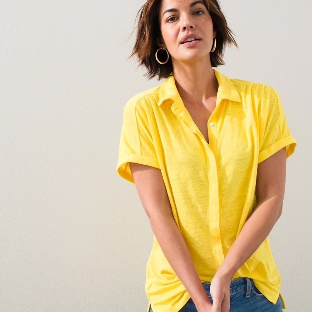 Chicos Yellow Linen Short Sleeve Button Down Shirt Top Size 1‎ M